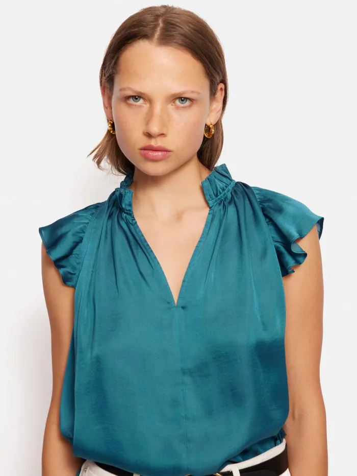 Jigsaw Recycled Satin Frill Neck Top Blue Women Shirts and Tops