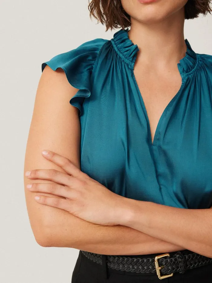 Jigsaw Recycled Satin Frill Neck Top Blue Women Shirts and Tops