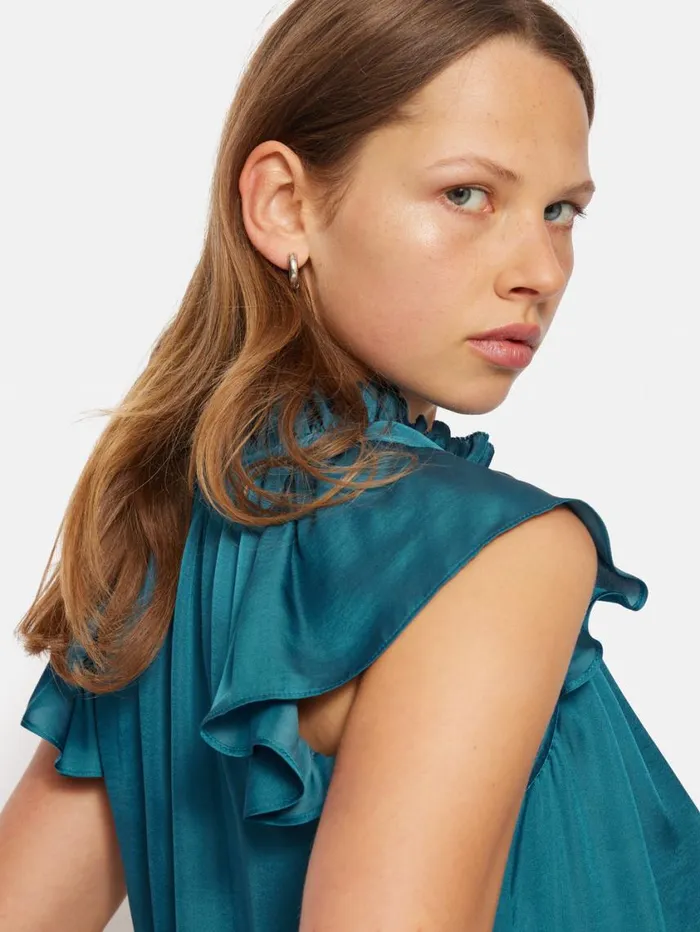 Jigsaw Recycled Satin Frill Neck Top Blue Women Shirts and Tops