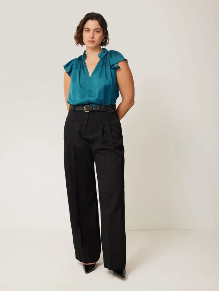 Jigsaw Recycled Satin Frill Neck Top Blue Women Shirts and Tops