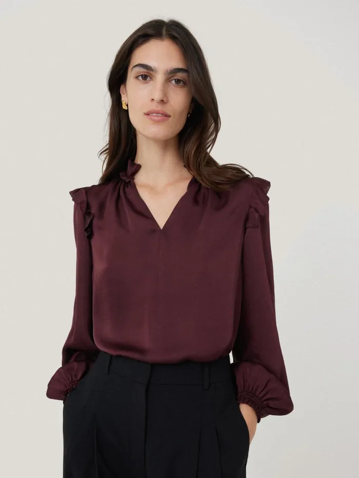 Jigsaw Recycled Satin Ruffle Top Burgundy Women Party