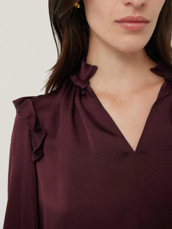 Jigsaw Recycled Satin Ruffle Top Burgundy Women Party