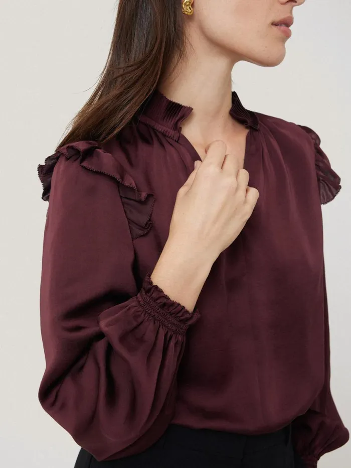 Jigsaw Recycled Satin Ruffle Top Burgundy Women Party