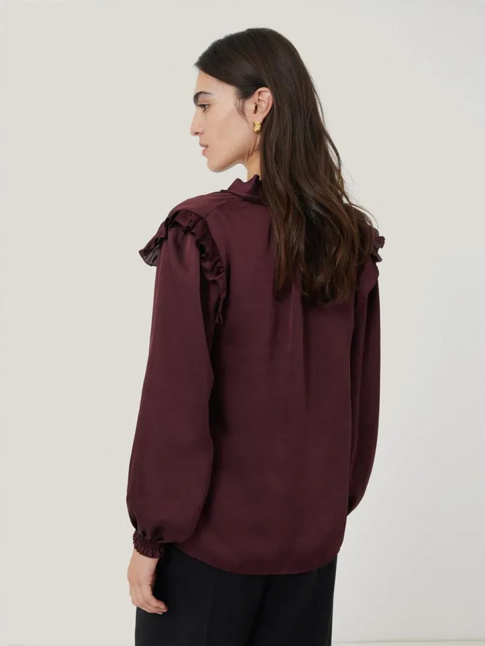 Jigsaw Recycled Satin Ruffle Top Burgundy Women Party