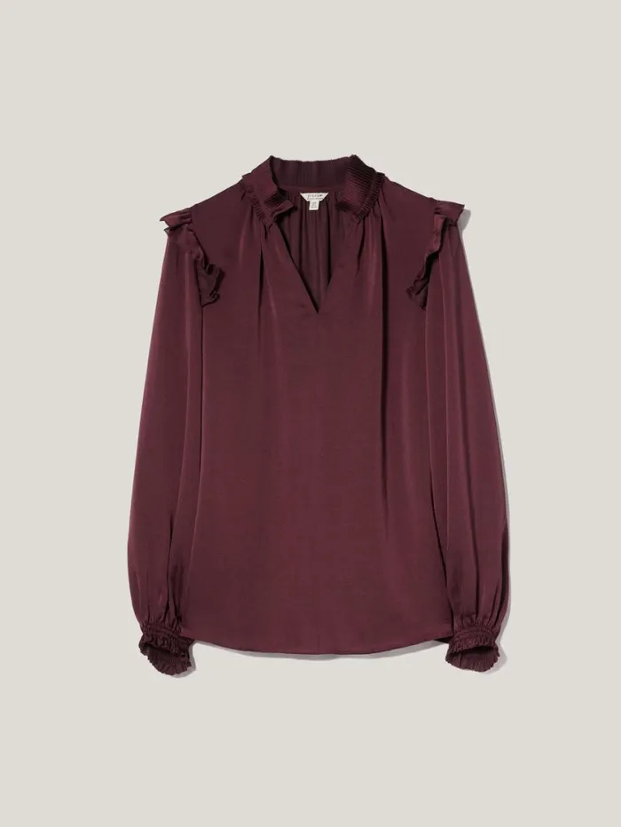 Jigsaw Recycled Satin Ruffle Top Burgundy Women Party