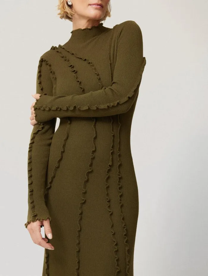 Jigsaw Ruffle Detail Knitted Dress Khaki Women Knitwear and Cashmere
