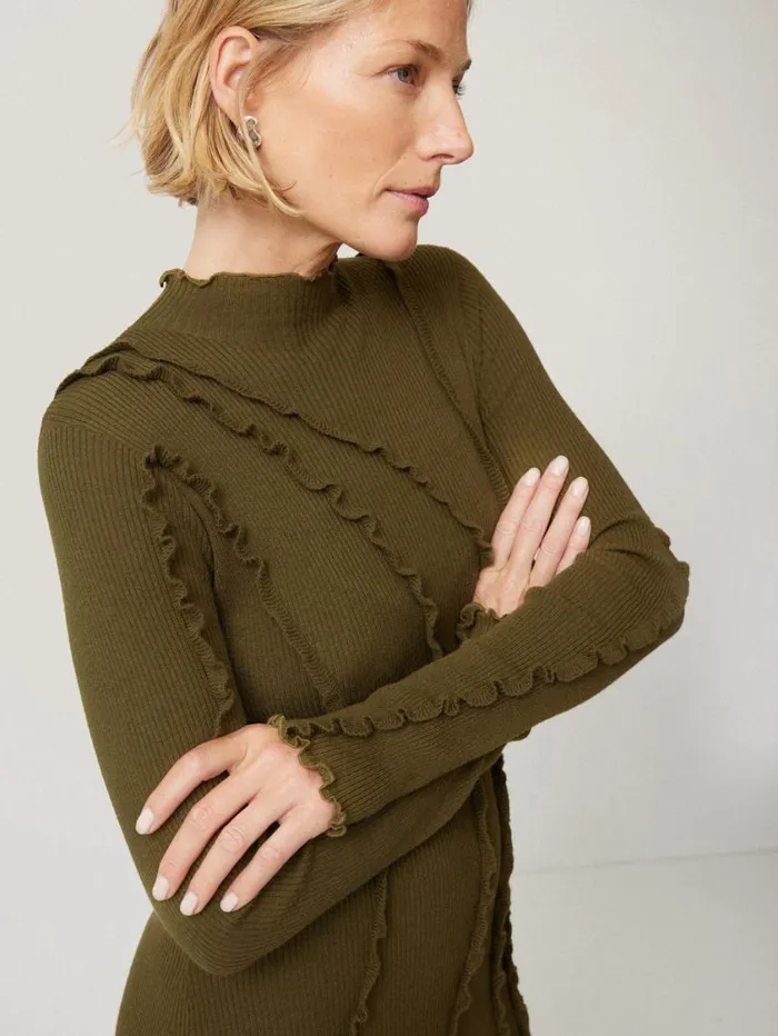 Jigsaw Ruffle Detail Knitted Dress Khaki Women Knitwear and Cashmere