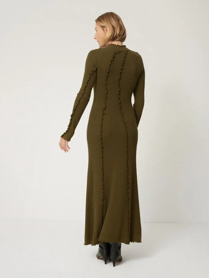 Jigsaw Ruffle Detail Knitted Dress Khaki Women Knitwear and Cashmere