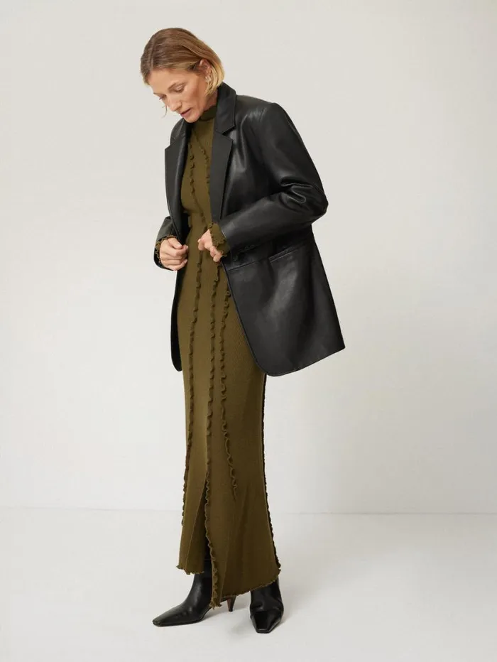 Jigsaw Ruffle Detail Knitted Dress Khaki Women Knitwear and Cashmere