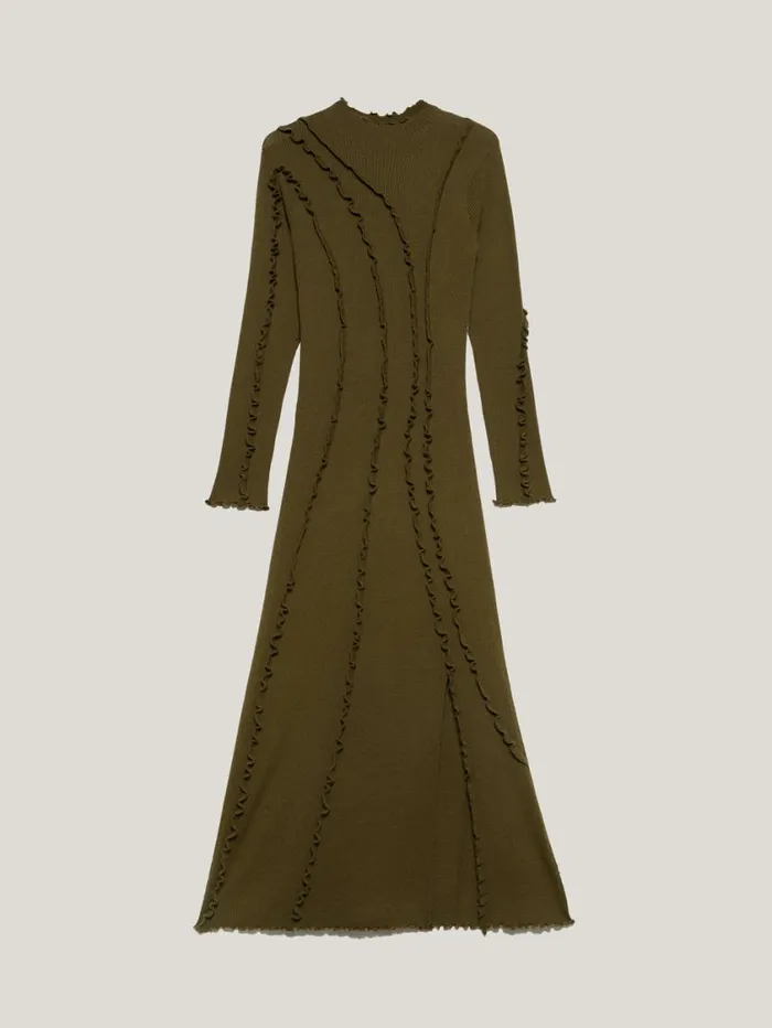 Jigsaw Ruffle Detail Knitted Dress Khaki Women Knitwear and Cashmere