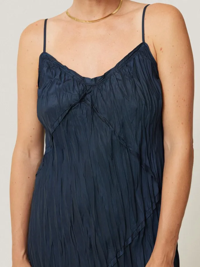 Jigsaw Satin Drape Plisse Slip Dress Navy Women Party