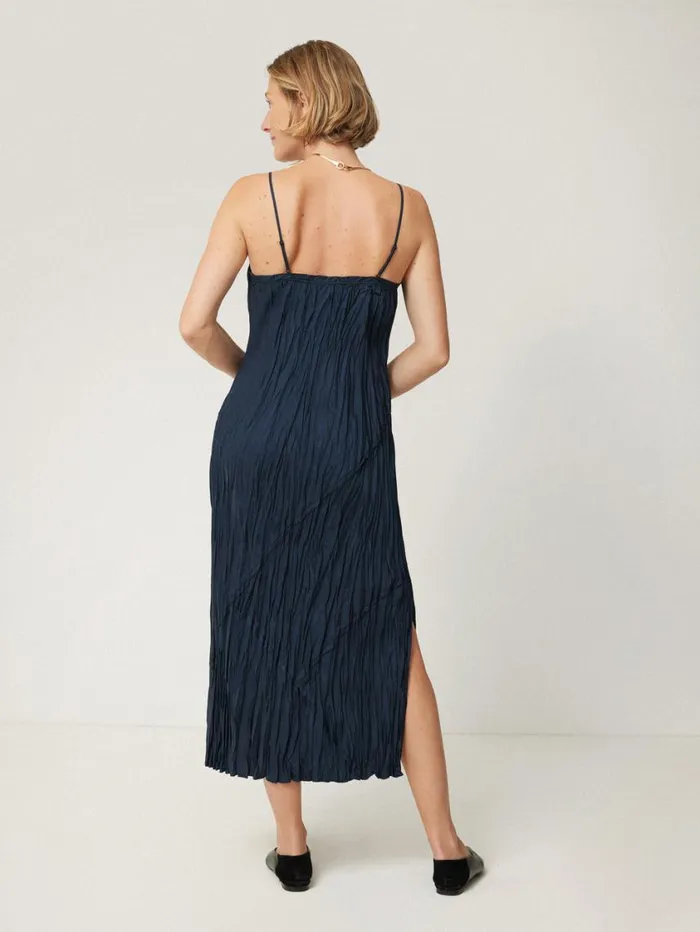 Jigsaw Satin Drape Plisse Slip Dress Navy Women Party