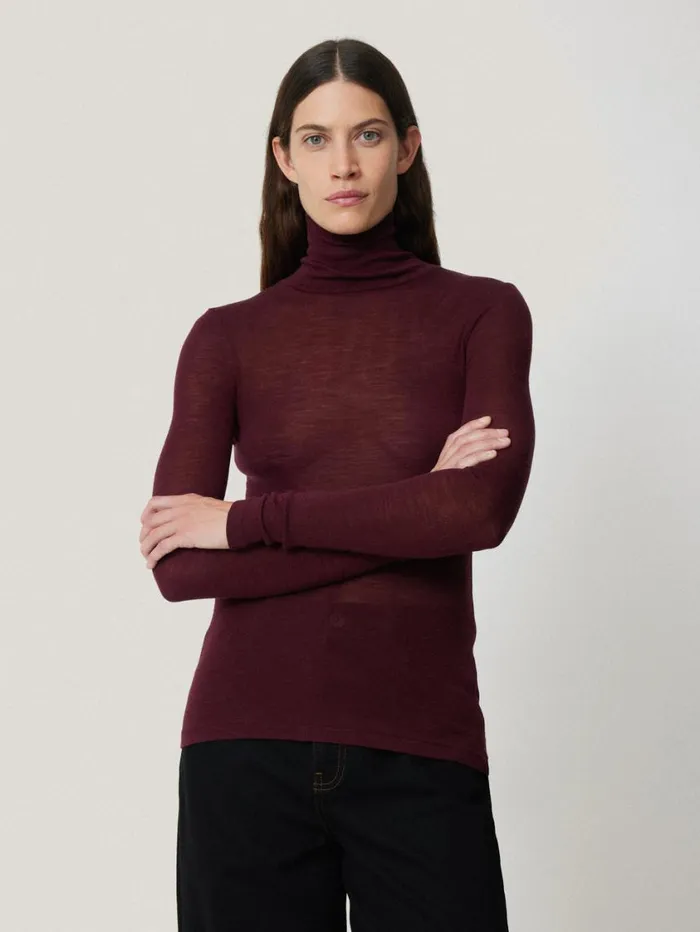 Jigsaw Wool Jersey Polo Neck Top Burgundy Women Shirts and Tops