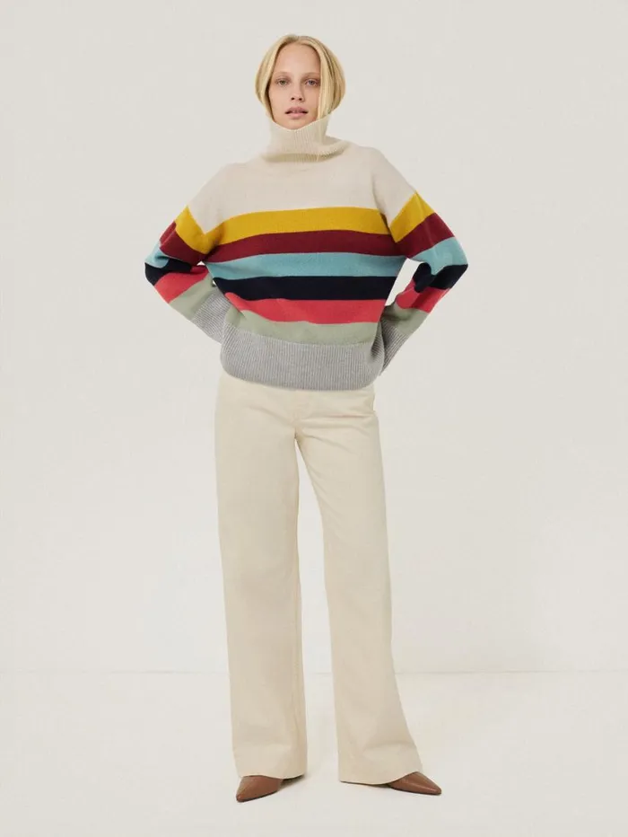 Jigsaw Wool Multi Stripe Turtleneck Grey Women Knitwear and Cashmere