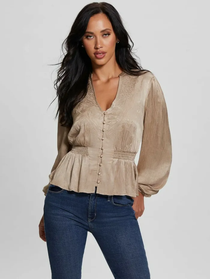 Joie Embroidered Satin Top Vanilla Blush Multi Tops GUESS Women