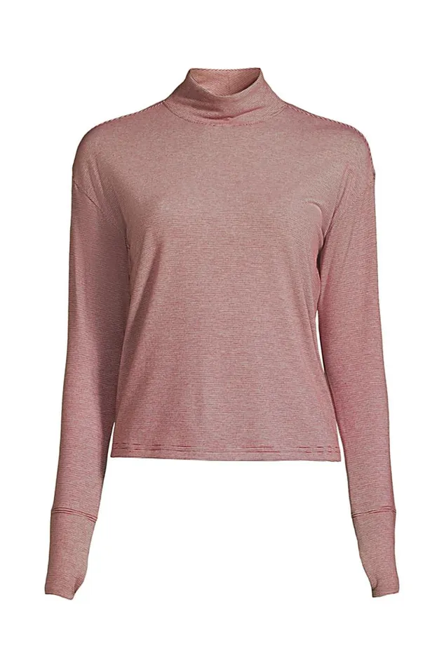Lands039 End Activewear Women Performance Mock Neck Top Rust Red Pinstripe Lands039 End Activewear Women Performance Mock Neck Top Rust Red Pinstripe