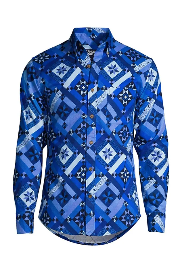Lands039 End Casual Shirts Men Tailored Fit Printed Flagship Flannel Shirts Navy Prosperity Quilt