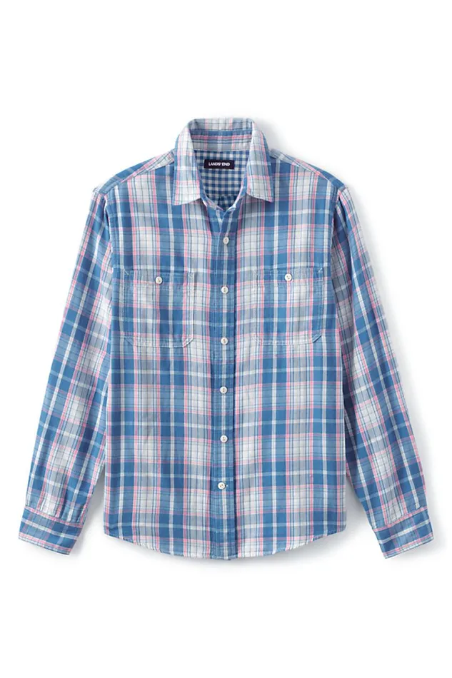Lands039 End Casual Shirts Men Traditional Fit Double Cloth Work Shirt Salt Washed Pink Plaid Lands039 End Casual Shirts Men Traditional Fit Double Cloth Work Shirt Salt Washed Pink Plaid