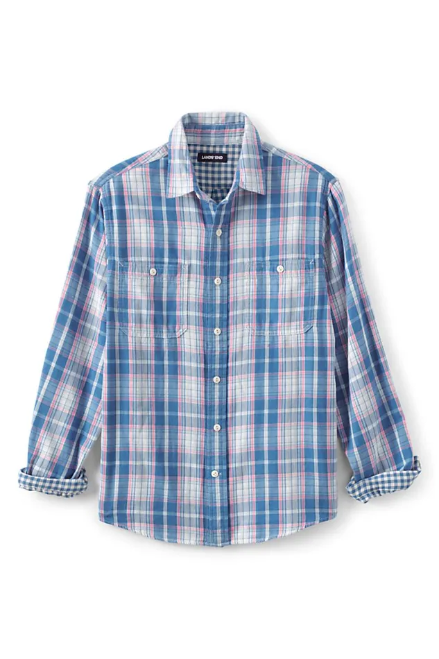 Lands039 End Casual Shirts Men Traditional Fit Double Cloth Work Shirt Salt Washed Pink Plaid