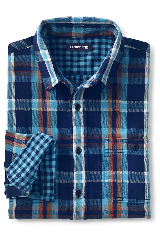 Lands039 End Casual Shirts Men Traditional Fit Double Cloth Work Shirt Salt Washed Pink Plaid