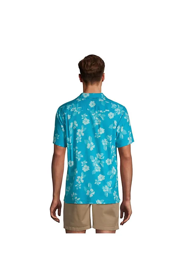 Lands039 End Casual Shirts Men Traditional Fit Short Sleeve Camp Collar Hawaiian Shirt Turquoise Multi Graphic Floral