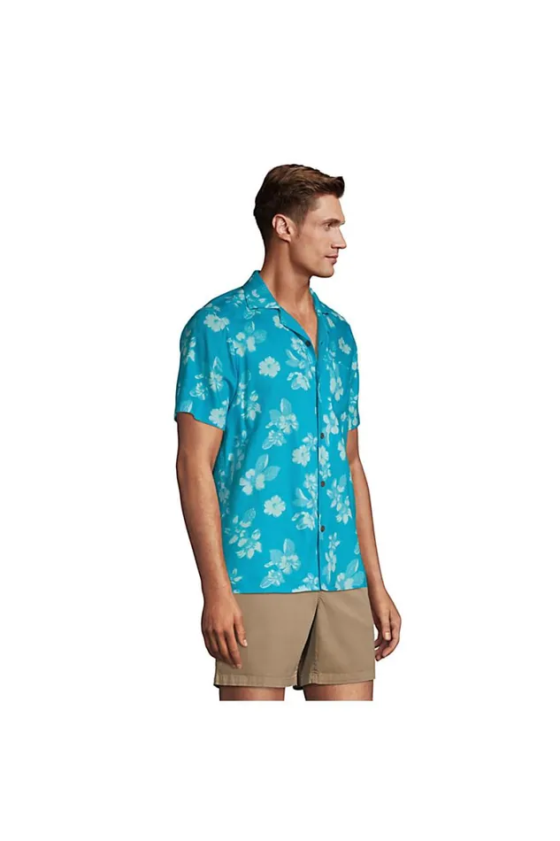 Lands039 End Casual Shirts Men Traditional Fit Short Sleeve Camp Collar Hawaiian Shirt Turquoise Multi Graphic Floral