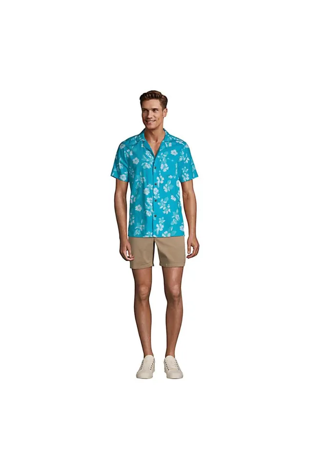 Lands039 End Casual Shirts Men Traditional Fit Short Sleeve Camp Collar Hawaiian Shirt Turquoise Multi Graphic Floral