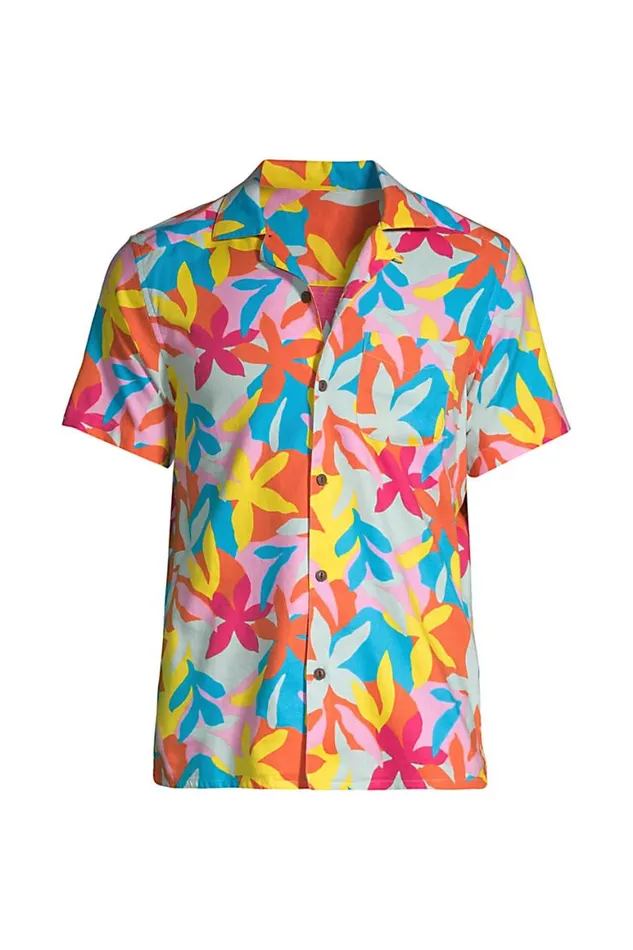 Lands039 End Casual Shirts Men Traditional Fit Short Sleeve Camp Collar Hawaiian Shirt Turquoise Multi Graphic Floral