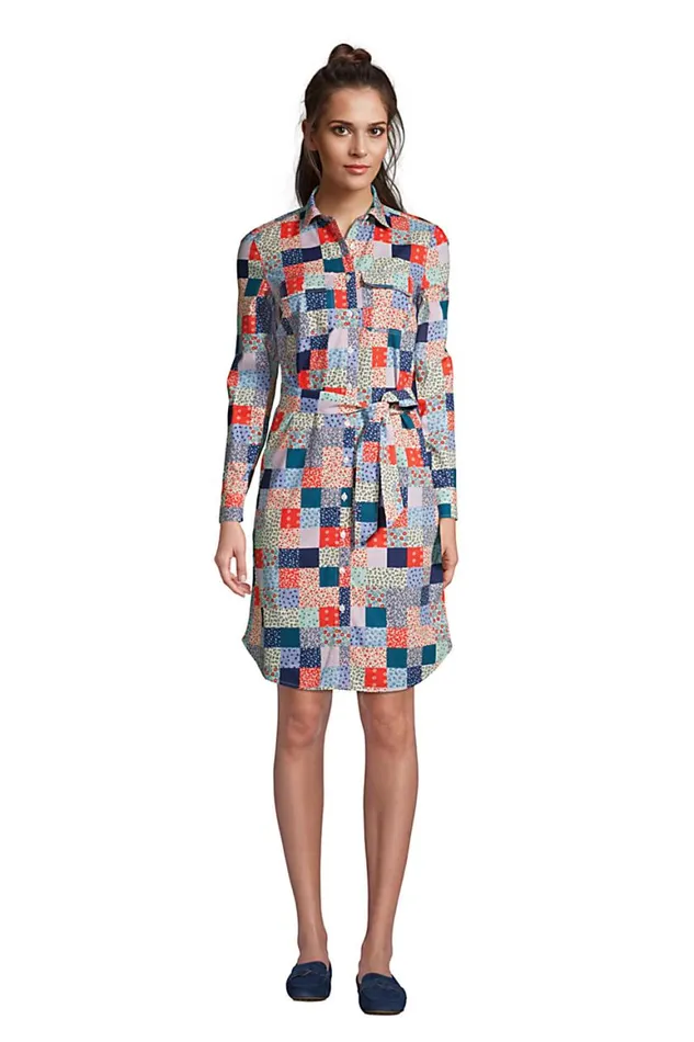 Lands039 End Dresses Women Cotton Poplin Button Front Shirt Dress Multi Patchwork Floral