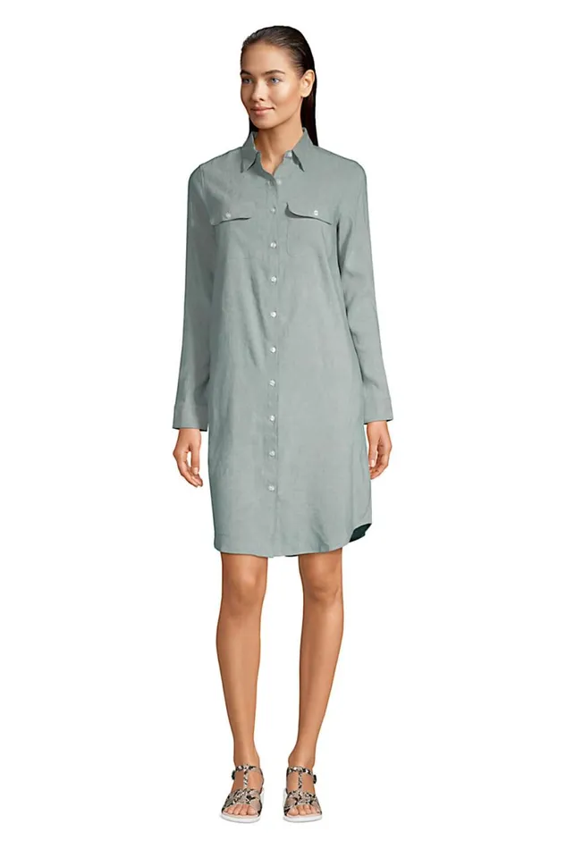 Lands039 End Dresses Women Long Sleeve Linen Blend Button Down Shirt Dress Mist Eucalyptus