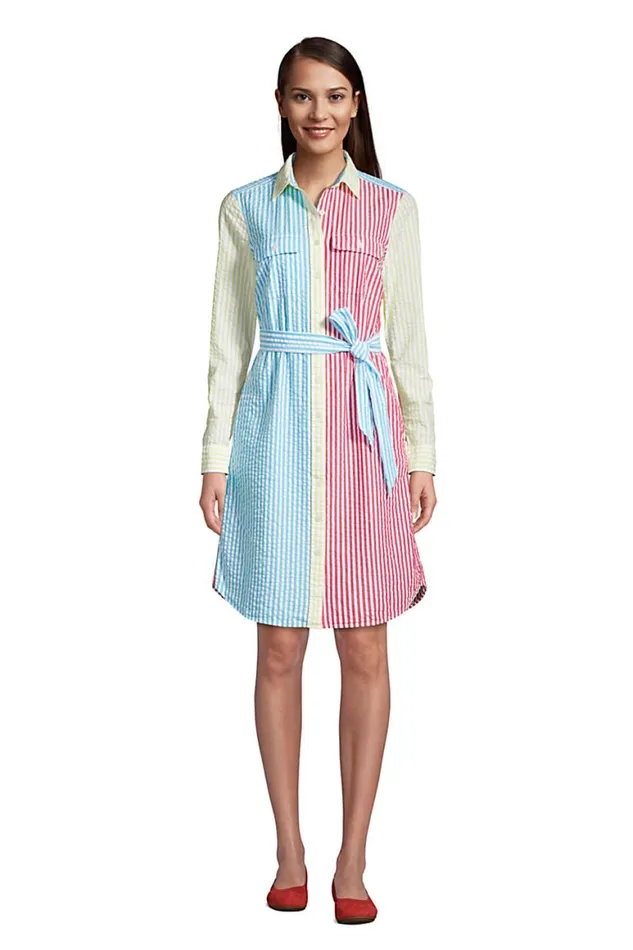 Lands039 End Dresses Women Long Sleeve Seersucker Button Front Shirt Dress Stripe Mix Seersucker