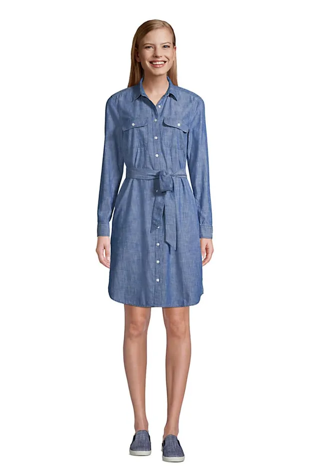 Lands039 End Dresses Women Petite Chambray Button Front Shirt Dress Soft Chambray