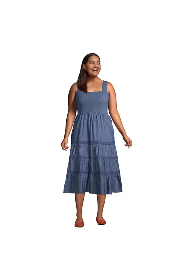 Lands039 End Dresses Women Plus Size Sleeveless Cotton Poplin Smocked Dress Medium Indigo Chambray