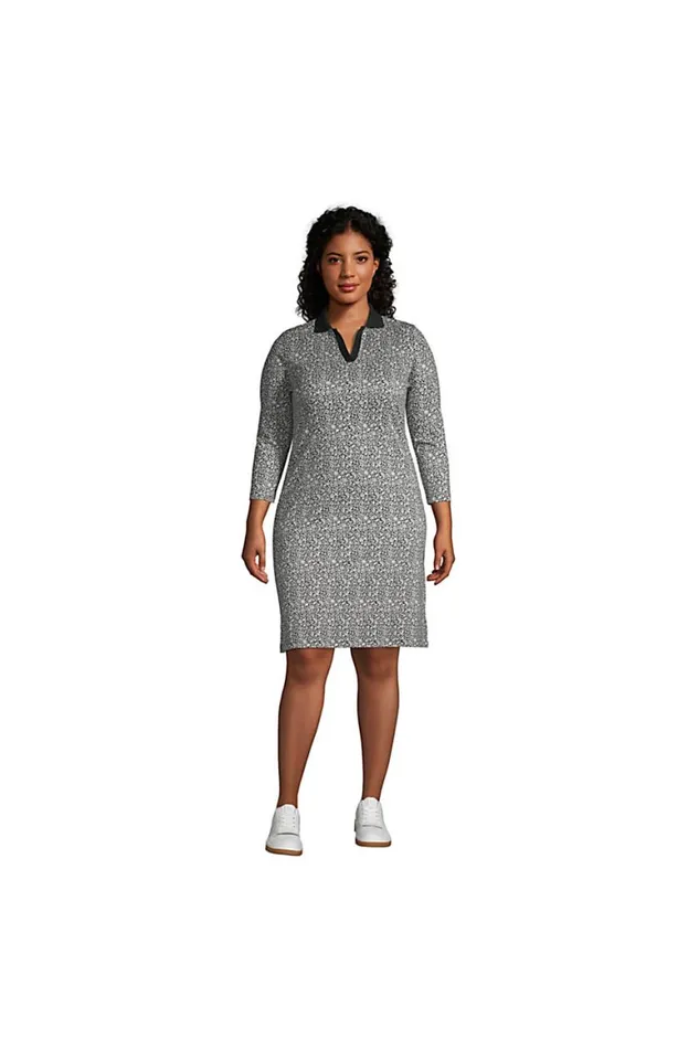 Lands039 End Dresses Women Plus Size Supima Cotton 34 Sleeve Polo Dress Black Floral Mix