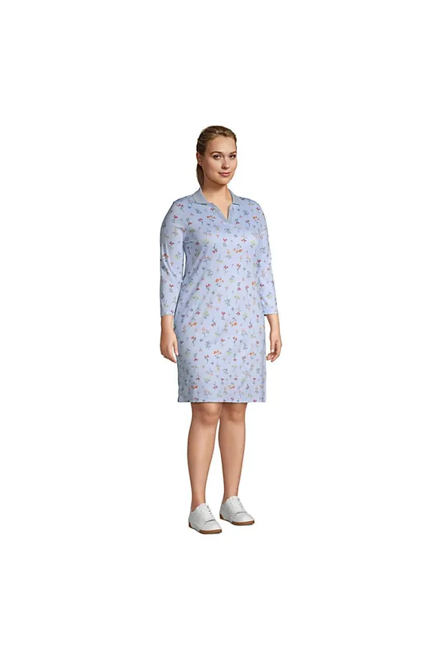 Lands039 End Dresses Women Plus Size Supima Cotton 34 Sleeve Polo Dress Black Floral Mix