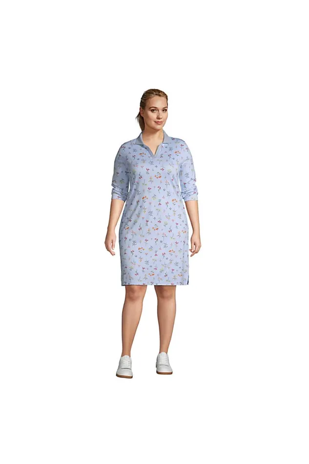 Lands039 End Dresses Women Plus Size Supima Cotton 34 Sleeve Polo Dress Black Floral Mix