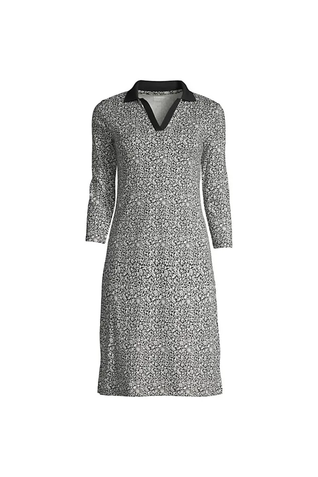 Lands039 End Dresses Women Plus Size Supima Cotton 34 Sleeve Polo Dress Black Floral Mix