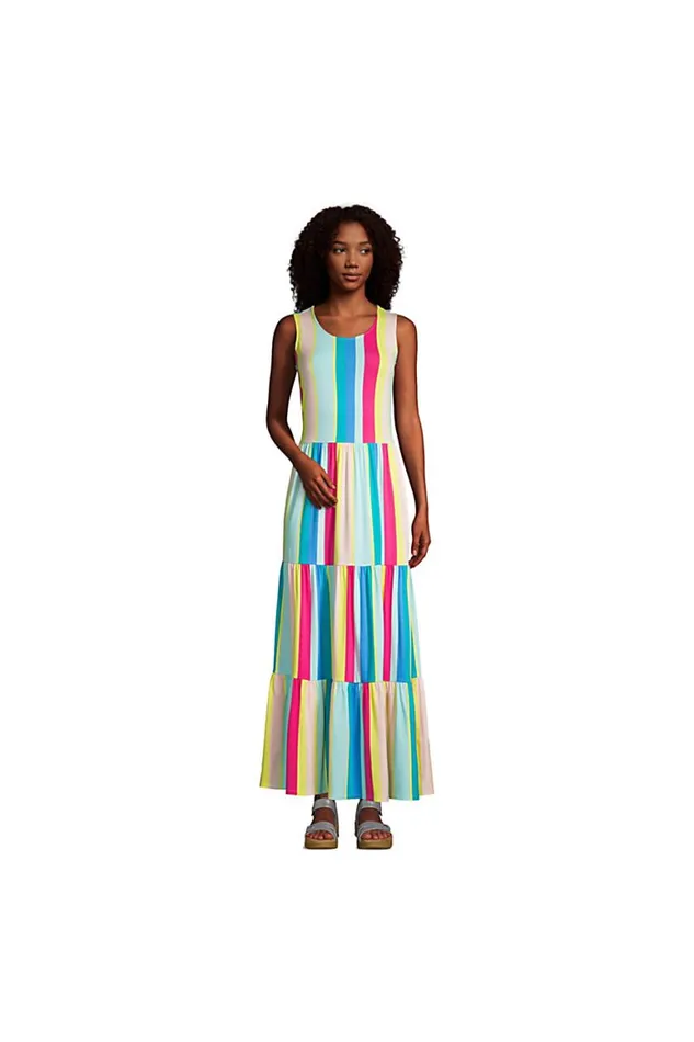 Lands039 End Dresses Women Sleeveless Tiered Maxi Dress Multi Rainbow Stripe