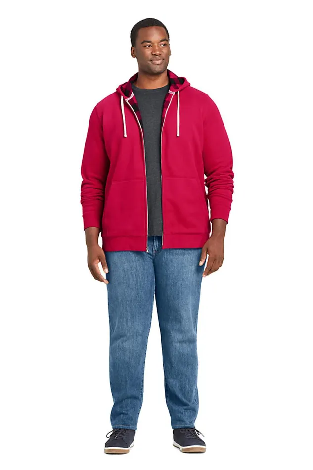 Lands039 End Fleece Men Big Serious Sweats Flannel Lined Full Zip Hoodie Rich Red Flannel