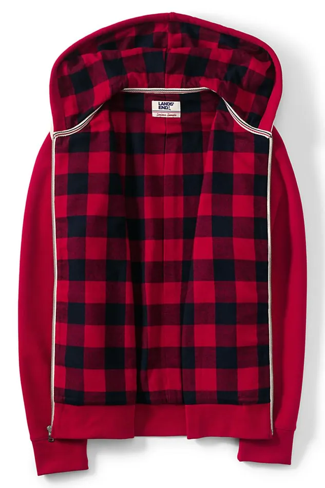 Lands039 End Fleece Men Big Serious Sweats Flannel Lined Full Zip Hoodie Rich Red Flannel
