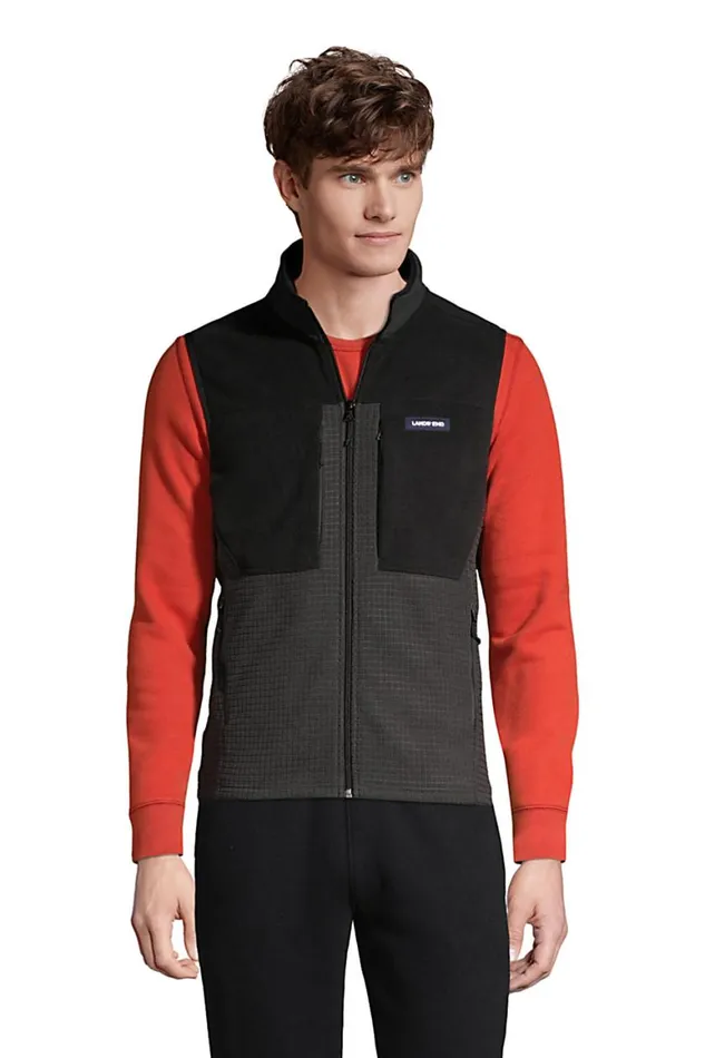 Lands039 End Fleece Men Grid Fleece Vest Dark Charcoal