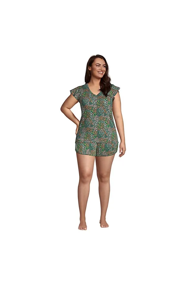 Lands039 End Pajamas and Robes Women Plus Size Comfort Knit Built In Brief Pajama Shorts Forest Moss Mini Floral