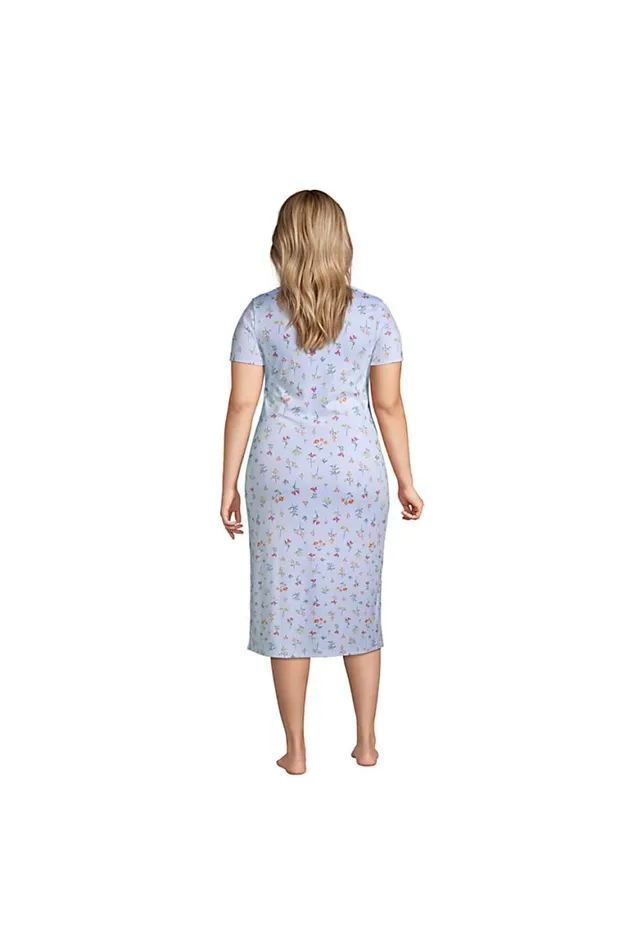 Lands039 End Pajamas and Robes Women Plus Size Supima Cotton Short Sleeve Midcalf Nightgown Dress Blue Botanical Floral Check
