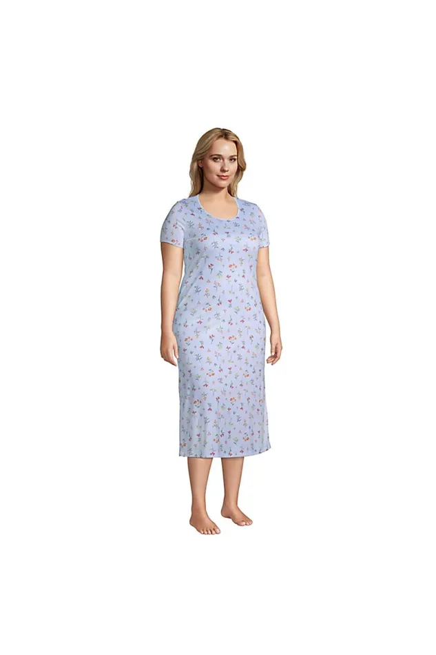 Lands039 End Pajamas and Robes Women Plus Size Supima Cotton Short Sleeve Midcalf Nightgown Dress Blue Botanical Floral Check