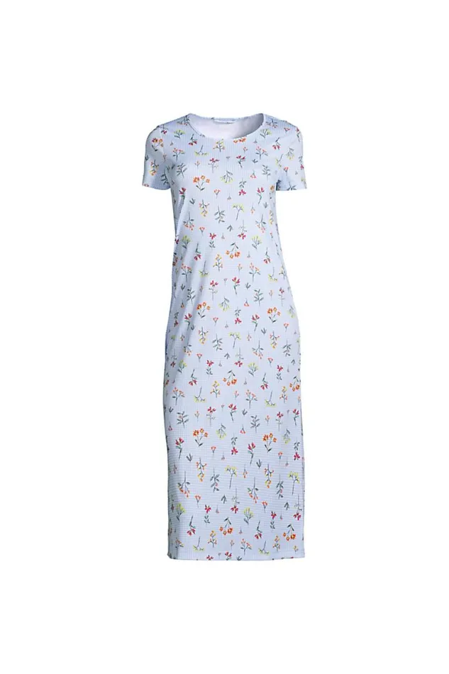 Lands039 End Pajamas and Robes Women Plus Size Supima Cotton Short Sleeve Midcalf Nightgown Dress Blue Botanical Floral Check