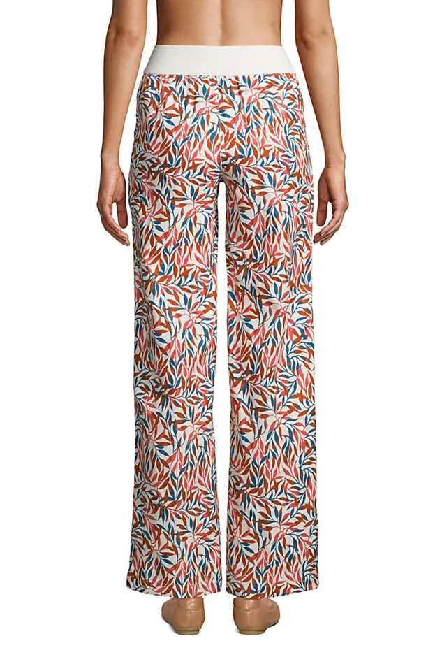 Lands039 End Pants Women High Rise Elastic Waist Pull On Wide Leg Linen Pants Soft Mojave Rose Linen