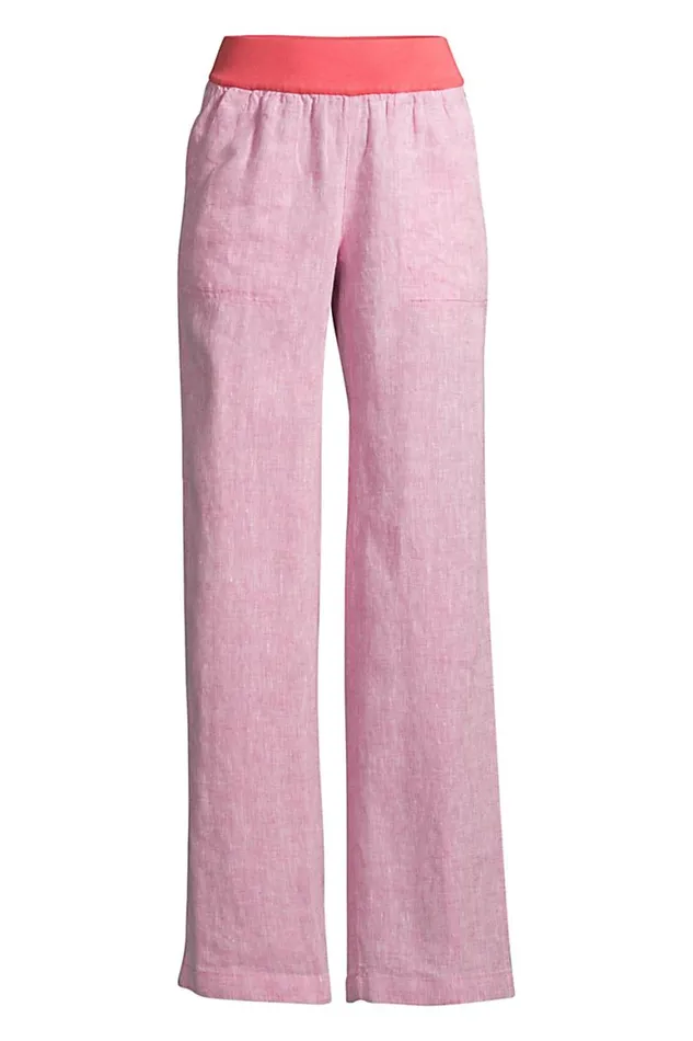 Lands039 End Pants Women High Rise Elastic Waist Pull On Wide Leg Linen Pants Soft Mojave Rose Linen