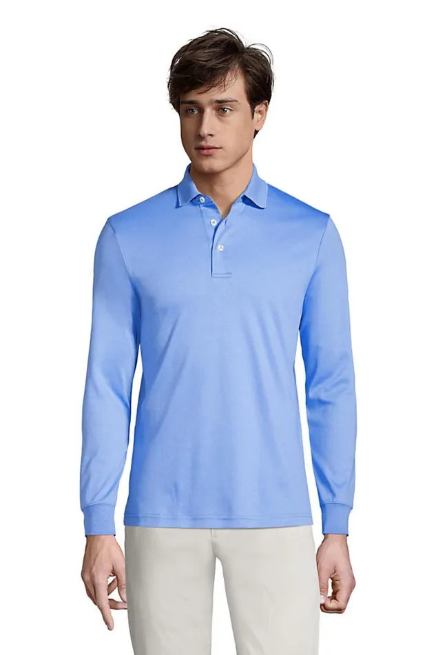 Lands039 End Polo Shirts Men Big Long Sleeve Supima Interlock Polo Shirt Sea Cliff Blue