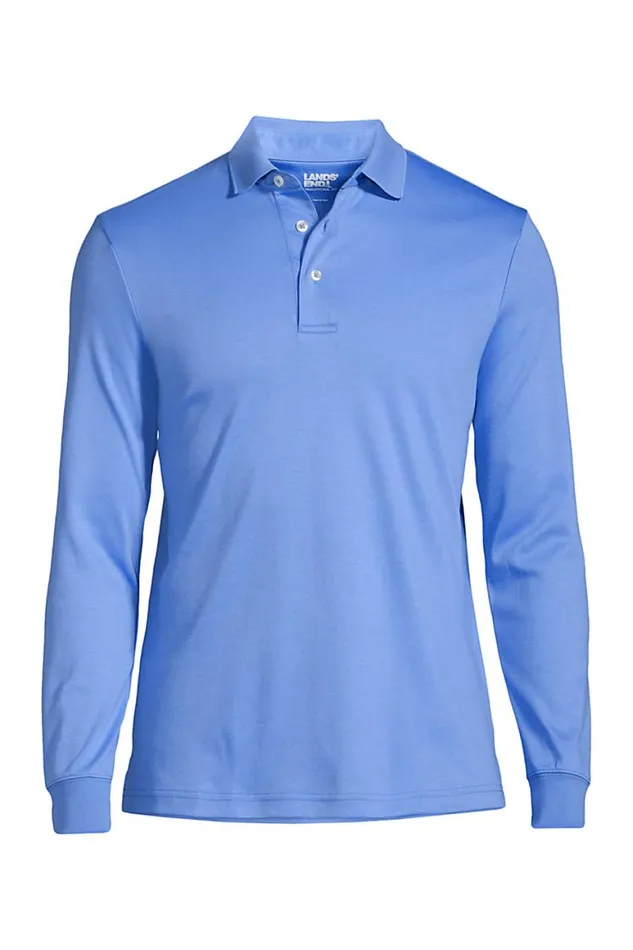 Lands039 End Polo Shirts Men Big Long Sleeve Supima Interlock Polo Shirt Sea Cliff Blue