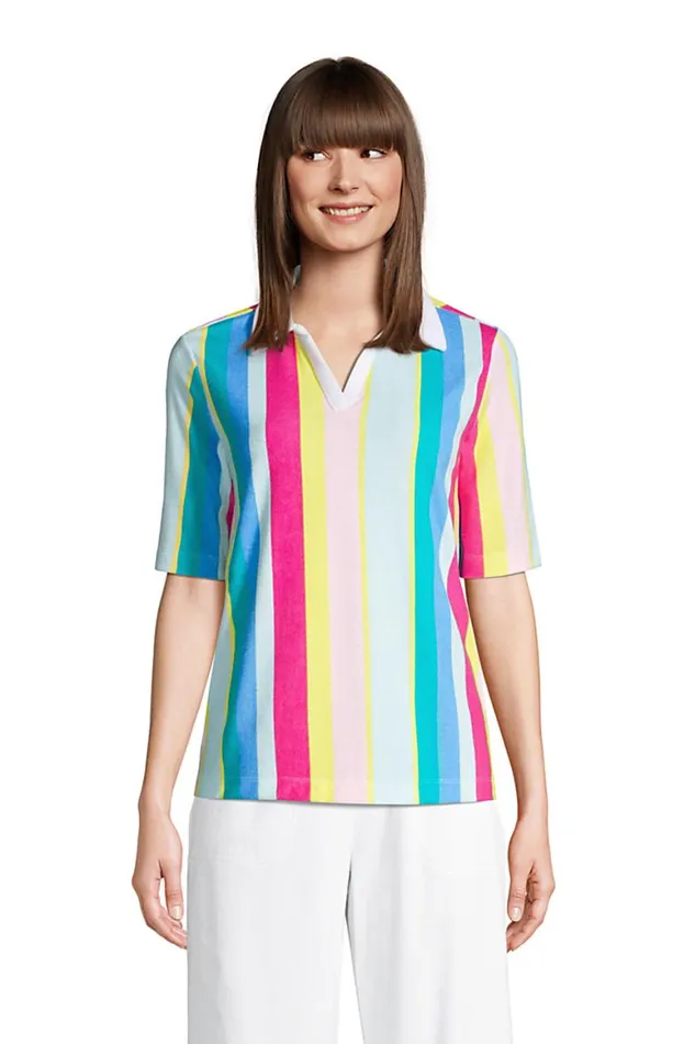 Lands039 End Polo Shirts Women Seriously Terry Upf Elbow Sleeve Polo Shirt Multi Rainbow Stripe Lands039 End Polo Shirts Women Seriously Terry Upf Elbow Sleeve Polo Shirt Multi Rainbow Stripe